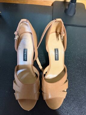 Nine West Tan Leather Open-Toe Ankle-Strap Heels